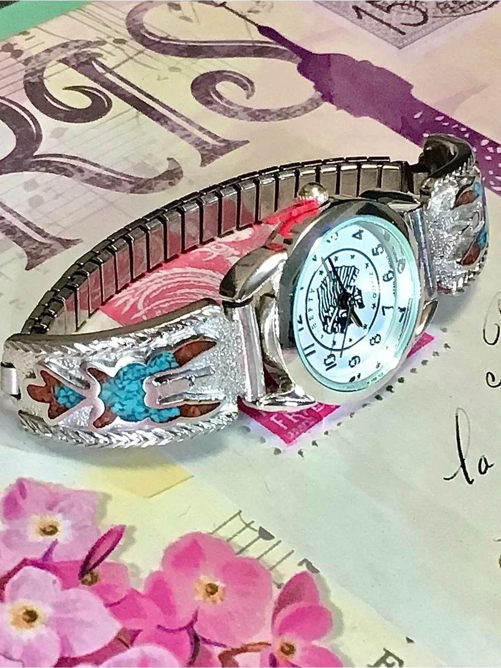 Woman’s Silver Navajo Thunderbird Turquoise/Coral Band Indian Liberty Coin Watch